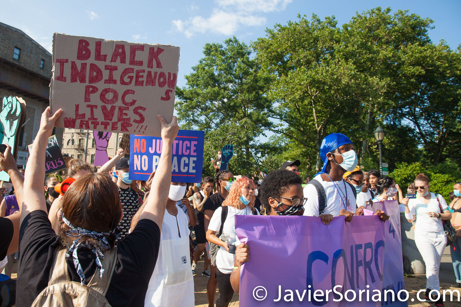 Saturday, July 4, 2020. Brooklyn. New York City – March and rally: “Confronting July 4th. A march to honor Black and Indigenous activists.” The march started in Fort Green Park and end it in Prospect Park, where they had a rally. Demonstrators said, "This country is founded on the genocide of Indigenous nations, the theft of their land, and the enslavement of African peoples." Photo by Javier Soriano/www.JavierSoriano.com