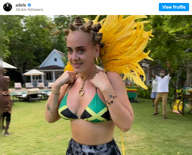 Adele wearing Bantu knots and a Jamaican flag bikini on a Instagram post.