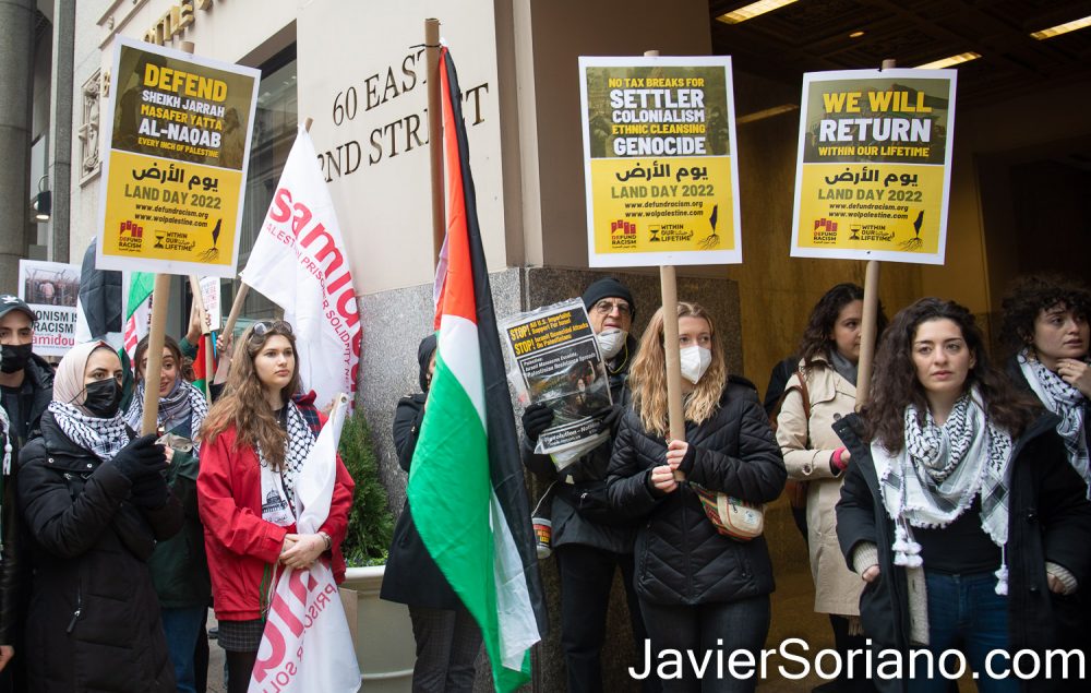 Wednesday, March 30, 2022. Manhattan, New York City – Palestinians and allies of Palestine commemorate Land Day. “We recommit to the struggle of defending our land and returning to it. We recommit to decolonizing our land from those that have pillaged and massacred Palestinians to create the Zionist entity,” said activists. Photo by Javier Soriano/www.JavierSoriano.com