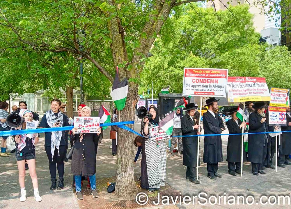 Sunday, May 15, 2023. United Nations, Manhattan; New York City – On Monday, May 15, 2023, Palestinians, Anti-zionist Jews, and others commemorated the 75th anniversary of the Palestinian Nakba. Photo by Javier Soriano/www.JavierSoriano.com
