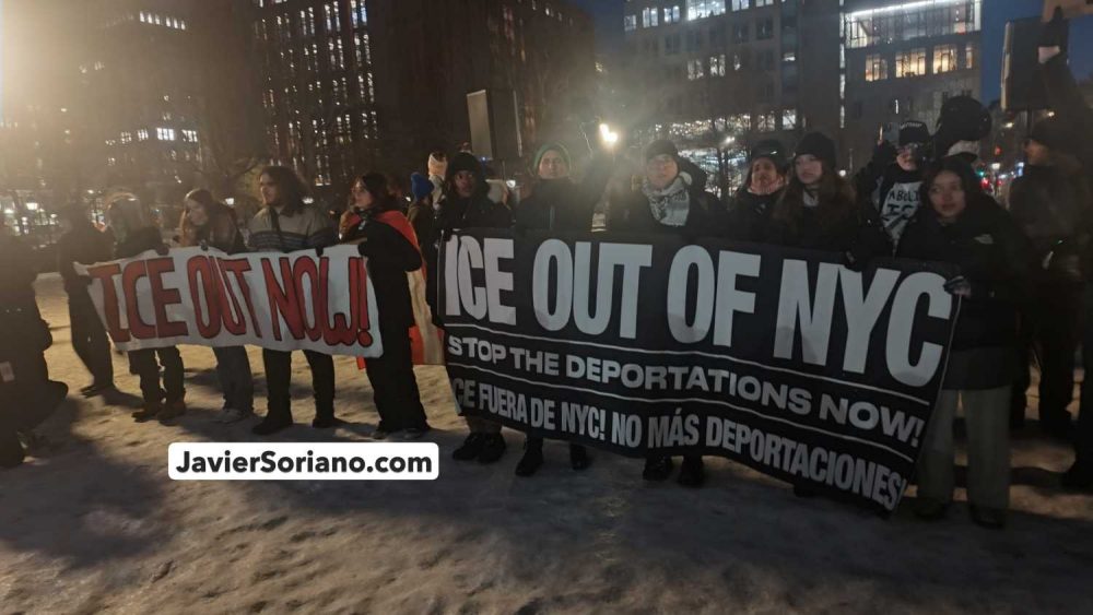 Viernes 6 de febrero de 2026. Manahatta, Lenapehoking (Manhattan, ciudad de Nueva York) – La protesta "¡FUERA ICE!" en Manhattan, organizada por The People's Forum, el Partido por el Socialismo y Liberación y otras organizaciones, fue el viernes 30 de enero de 2026. Foto por Javier Soriano/www.JavierSoriano.com. 

Friday, February 6, 2026. Manahatta, Lenapehoking (Manhattan, New York City) – The protest "ICE OUT!" in Manhattan, organized by The People's Forum, the Party for Socialism and Liberation, and other organizations, took place on Friday, January 30, 2026. Photo by Javier Soriano/www.JavierSoriano.com.