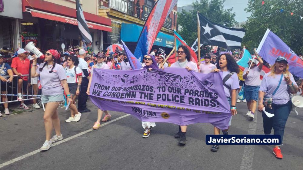 The 8th Annual Knickerbocker Avenue Puerto Rican Day Parade in Bushwick, Brooklyn; Lenapehoking (New York City), was on Sunday, June 14, 2026. THIS PHOTO: "From our bombazos to our parades, we condemn the police raids! No more violence, no more raids, 83rd precinct, out of the parade!"_Adolfina Brooklyn. Photo by Javier Soriano/www.JavierSoriano.com. El 8.º Desfile Anual del Día Puertorriqueño de Knickerbocker Avenue en Bushwick, Brooklyn; Lenapehoking (ciudad de Nueva York), se realizó el domingo 14 de junio de 2026. ESTA FOTO: "De nuestros bombazos a nuestros desfiles, ¡condenamos las redadas policiales! ¡No más violencia, no más redadas; fuera el precinto 83 del desfile!"—Adolfina Brooklyn. Foto de Javier Soriano/www.JavierSoriano.com.