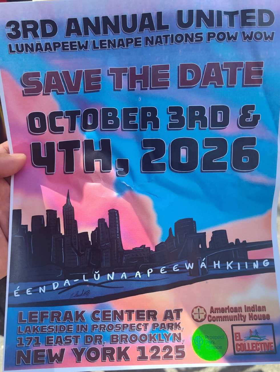 The “3rd Annual United Lunáapeew/Lenape Nations Pow Wow” will be at the LeFrak Center at Lakeside in Prospect Park, Brooklyn, Éenda-Lunaapeewáhkiing/Lenapehoking (New York City), on Saturday, October 3rd and Sunday, October 4th, 2026. Photo by Javier Soriano/www.JavierSoriano.com.